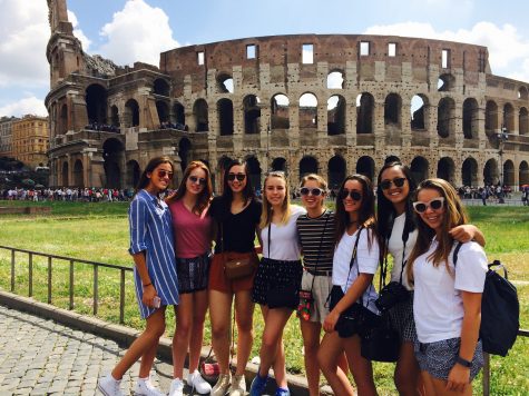 COLISEUMS AND MUSEUMS: Along with visiting different museums, these girls, class of 2019, were able to visit some of the most famous sights of Rome, including the Coliseum. From left to right: Sabrina Vergara, Bailie Schock, Melinda Lu, Aimee Laxer, Emily-Elizabeth Grams, Lauren Tresser, Adair Nguyen and Juliette Saylor. Photo from Emily-Elizabeth Grams
