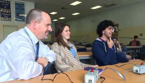 Mr. Ide, Katie Freedy, and Theo Vasiloudes compete in the Spring trivia tournament.