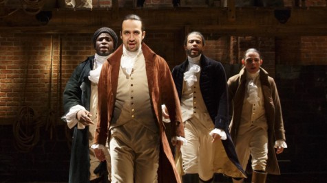 Hamilton (Lin Manuel Miranda) with his fellow revolutionaries: John Laurens (Anthony Ramos), Hercules Mulligan (Okieriete Onaodowan), and Marquis de Lafayette (Daveed Diggs).