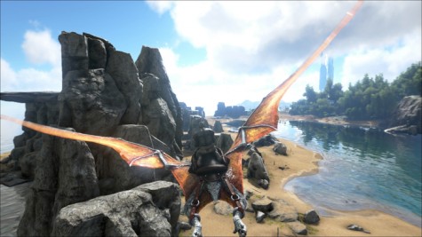 The player rides a tamed dinosaur through the forest along with an allied player as smoke emerges from a distant volcano. ARK was released in June of 2015, and received much controversy about its requirement for an expensive graphics card.