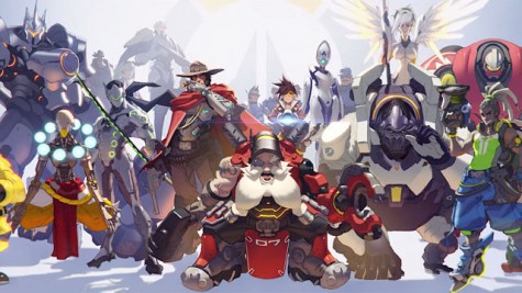 The heroes of Overwatch, including Tracer, Reaper, and McCree are depicted beneath the iconic logo. Overwatch was developed by Blizzard Entertainment and is currently in beta.