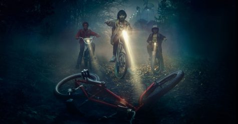 WILL THEY FIND WILL? In the dead of the night, Wills best friends (from left) Lucas, Mike and Justin scavenge the forest for their missing friend, but are only able to locate his deserted bike; thus furthering the sense of hopelessness in this seemingly impossible mission.