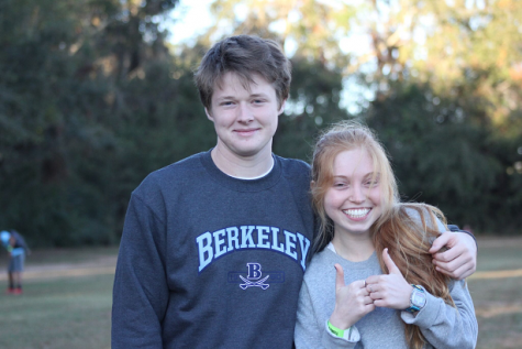 FINALLY FALL: Brian Showalter ’19 and Makayla Rutski ’18 manage to look cheerful in the cold morning as they get ready to watch the team’s run.