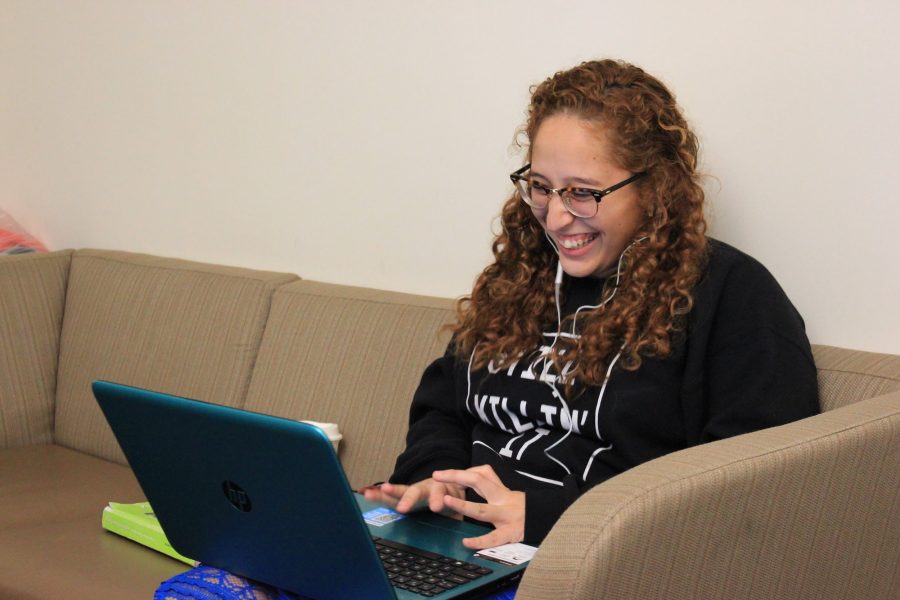 BUCS USE MUSIC TO STAY CONNECTED: Maria Rios ‘17 sits in the Gries Student Lounge jamming out to Colombian music. “It’s how I stay connected,” she explained. Rios was born in Colombia, but moved to Ecuador after just a year.