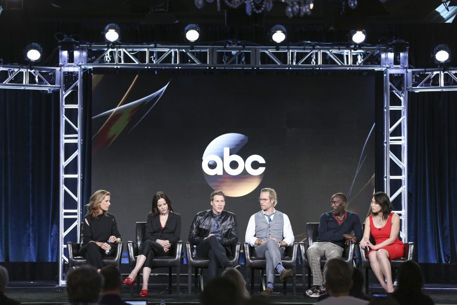 Q&A: Rachel Griffiths, from left, Mary-Louise Parker, Dustin Lance Black, Guy Pearce, Michael Kenneth Williams and Ivory Aquino speak at the When We Rise panel at the Disney/ABC portion of the 2017 Winter Television Critics Association press tour on Tuesday, Jan. 10, 2017, in Pasadena, Calif. 
