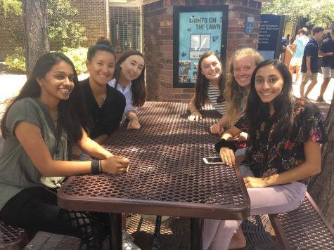 NEW HOME: Sophomores Rani Shete ’21, Annaliese Donaldson-Pham ’21, Ella Castellano ’21, Maddie Sakalosky ’21, Amy Wotovich ’21, and Riana Amin ’21 (from left) gather during break at the kiosk, their new home.