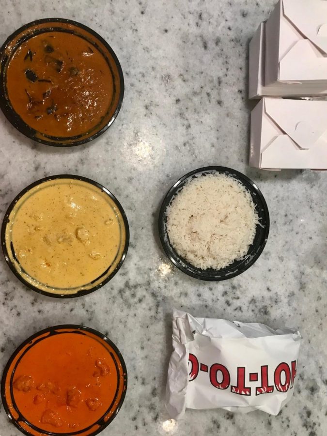 MY ORDER: While I got extra rice, you can see in the upper right hand corner the amount of rice that comes with each dish. The dishes on the side (from the top down) are the bagara banigan, the daily special and the chicken tikka masala.