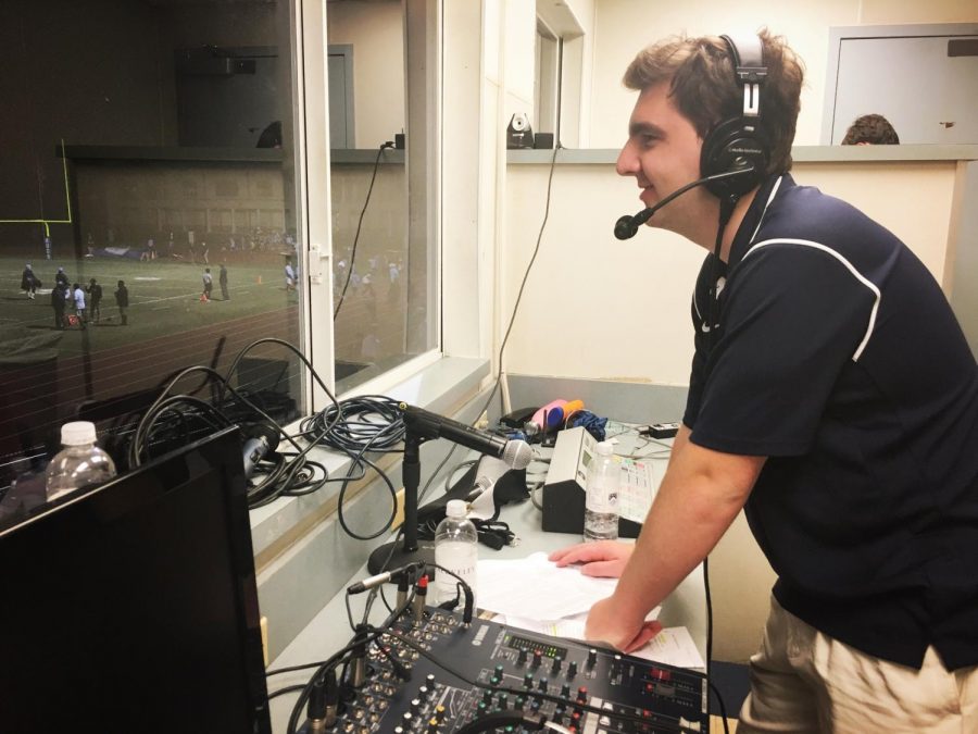 IN HIS ELEMENT: Michael Wax ’19 commentates the Berkeley Varsity Football game against Lakeland Christian.