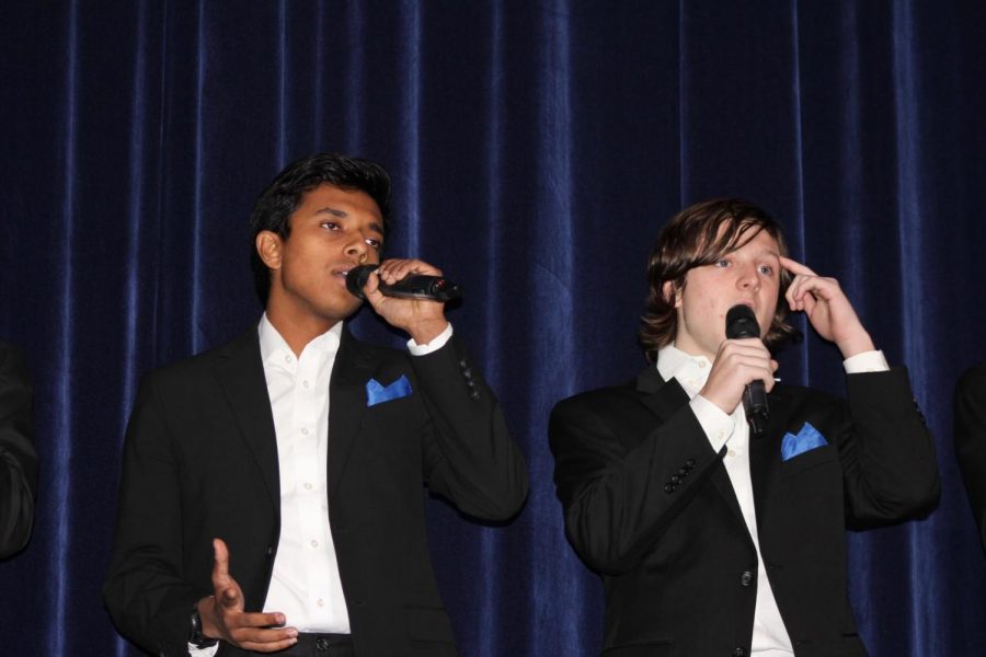 HOLIDAY TRADITIONS: Beatitones, Riju Datta '20 and Thatcher Crouch '21, gesture and sing “Rudolph the Red-Nosed Reindeer.” Both members have performed this song in previous years as it is known as a Berkeley holiday staple.