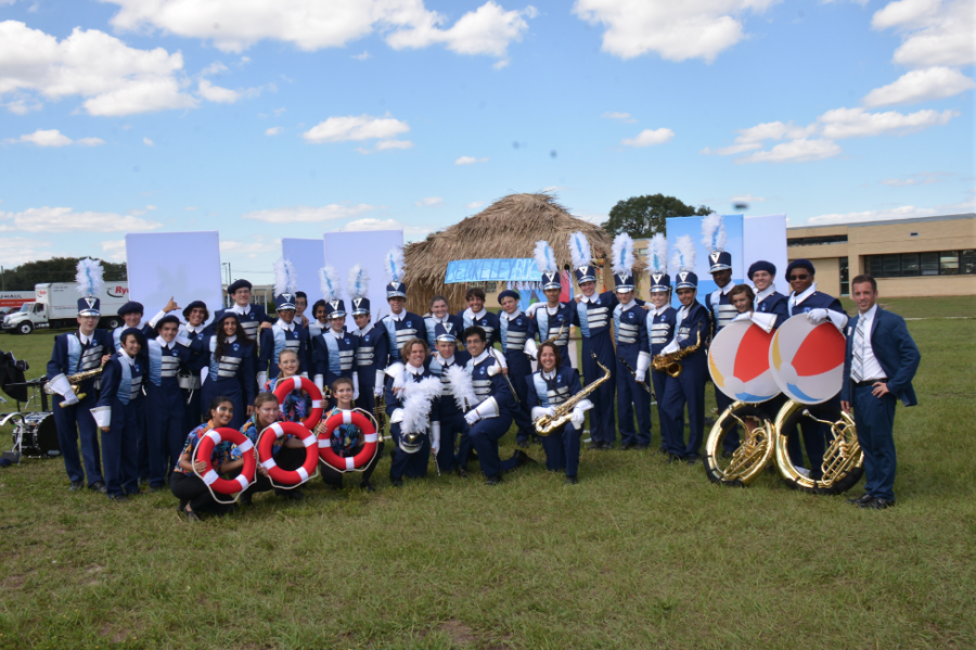 BAND ON THE BEACH: The Berkeley Band used beach-themed props for their show this year. Points are awarded from judges for how aesthetically pleasing the props look. Photo from Susan Zhang. 
