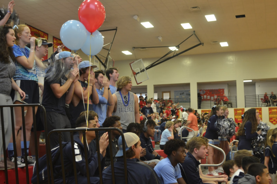 TERRORIZE THE TERPS: Berkeley’s fans, including the varsity boys basketball team, cheer on the Lady Bucs, with Layla Fleming ’23 making the first basket of the game. Photo by Rachel Mintz