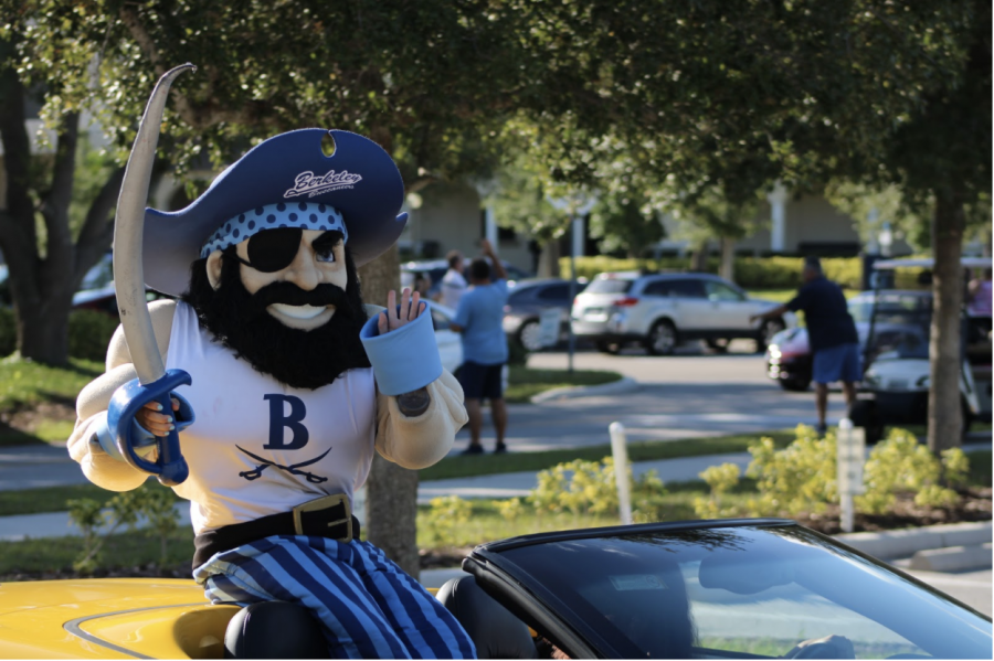 LEADING THE PACK: Bucky the Buccaneer leads the fleet of graduating Seniors at Berkeley’s Senior Clap-Out.