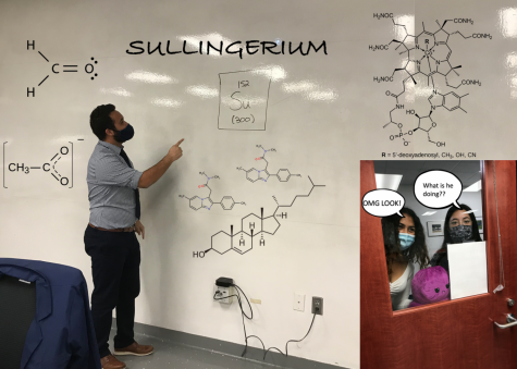 SULLINGERIUM: Dina Kodsi ’23 and Makayla Doyle ’23 spot Sullinger plotting to create his own element for the periodic table. Photoshop by Kaitlyn Mang