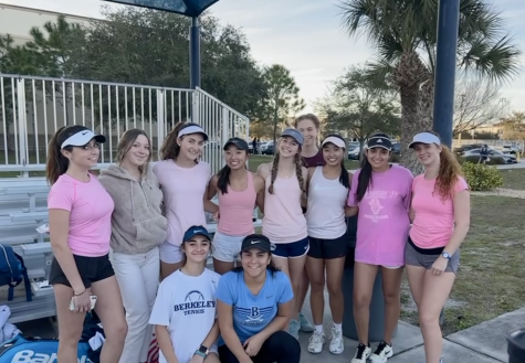 PRETTY IN PINK: Eva Morello ‘23, Anne Marie Bauer ‘23, Rylan Mitchell ‘24, Kaitlyn Mang ‘23, Claire Barrow ‘25, Rachel Safriel ‘24, Kayla Mang ‘22, Sophia Simoes ‘22, Harper High ‘24, Nicolette Handza ‘25, and Paulina Calderon ‘24 (left to right) dress up in all pink for Valentine’s Day to show their spirit (Photo Credit: Jacquelyn Rosen)