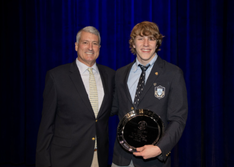 BRIGHT FUTURE: Headmaster Joseph Seivold congratulates Klaas VandeGroep ’22 for his selfless work at Berkeley. (Photo Creds: Chris Woods)