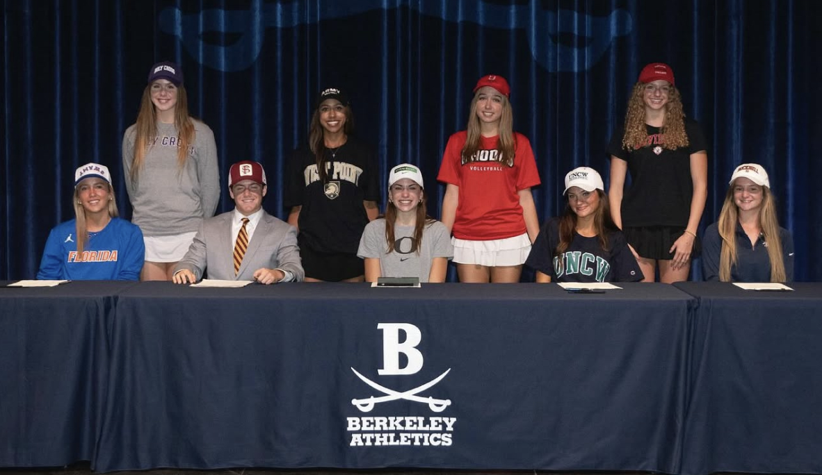 BUCCANEERS FOR LIFE: Mackenzie Crerand ‘25, Hannah Hankerson ‘25, Luca Prest ‘25, McKenna Smith ‘25 (top row), Lily Hayes ‘25, Rivers Kurland ‘25, Izzy Mogridge ‘25, Hannah Parkison ‘25, and Avery Powers ‘25 seated onstage at the Lykes Center for the Arts on Signing Day. 

